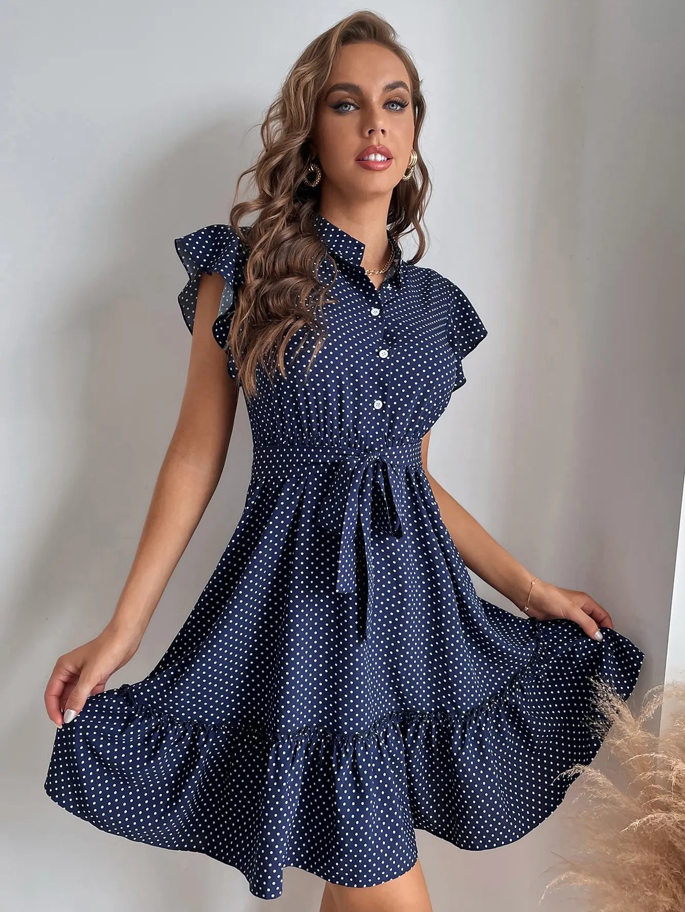 Polka Flutter Ruffle Midi Dress