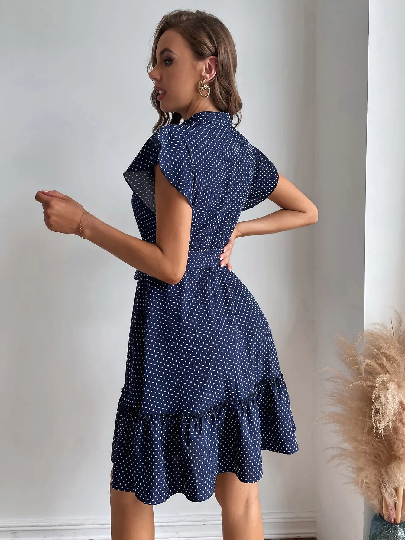 Polka Flutter Ruffle Midi Dress