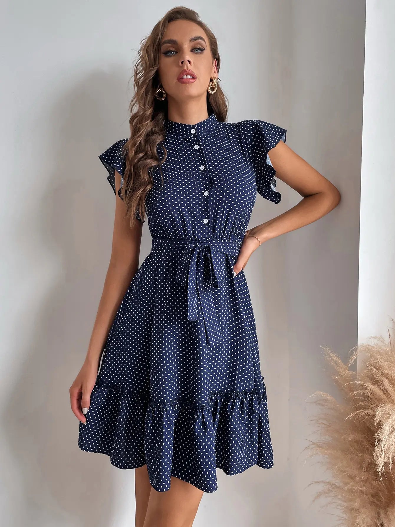 Polka Flutter Ruffle Midi Dress