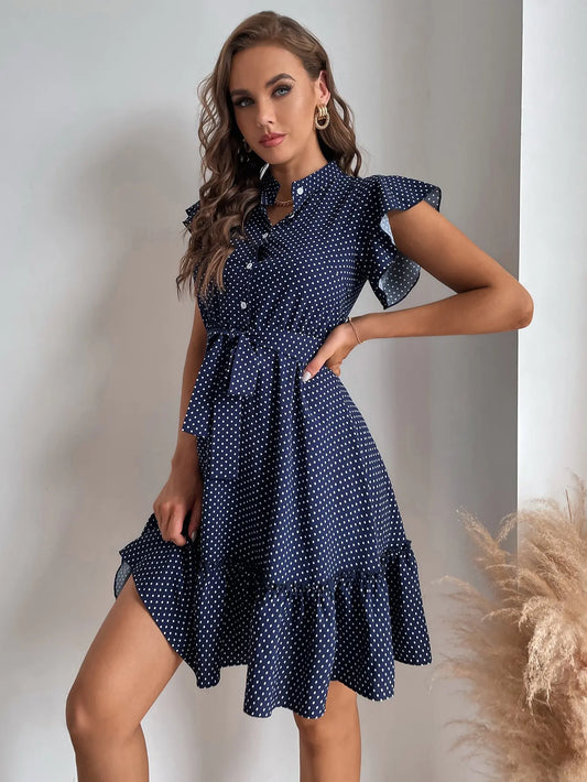 Polka Flutter Ruffle Midi Dress