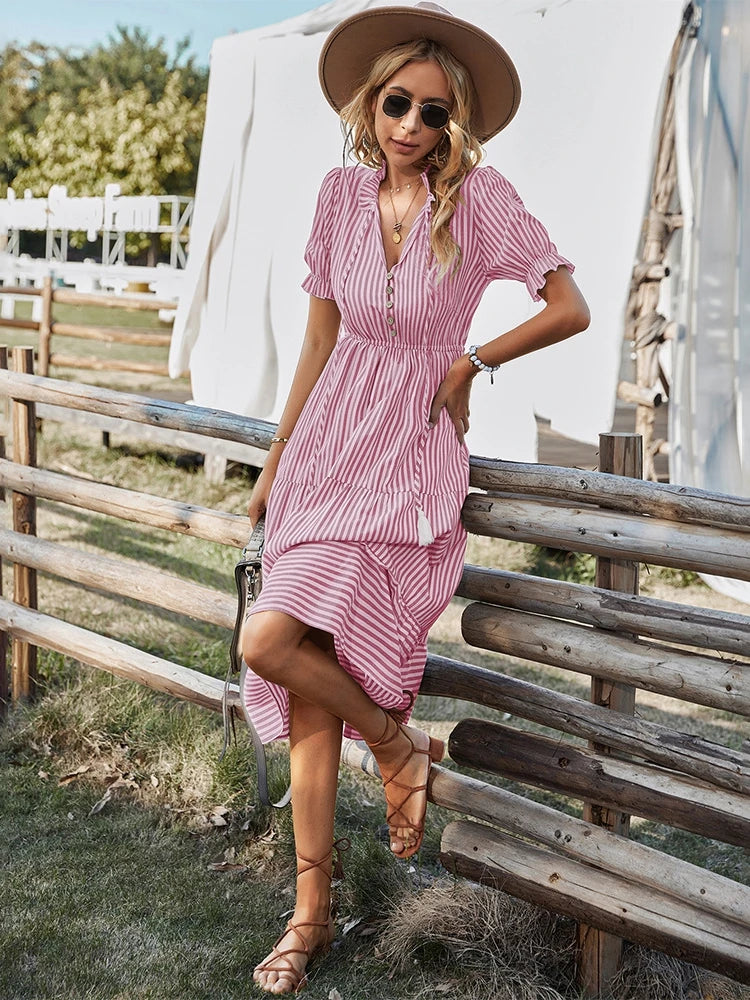 Buttoned Stripe Midi Dress