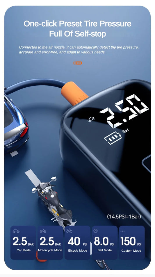 便携式150 PSI无线轮胎充气泵 – 汽车和自行车数字空压机