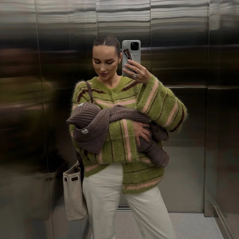 Elegant Striped V-Neck Cardigan