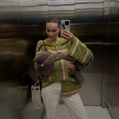 Elegant Striped V-Neck Cardigan