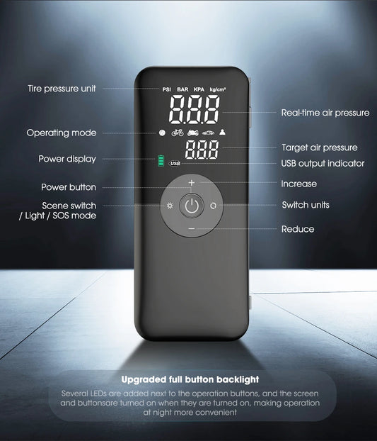 无绳数显轮胎充气泵 – 车载、自行车及球类便携式充电打气筒