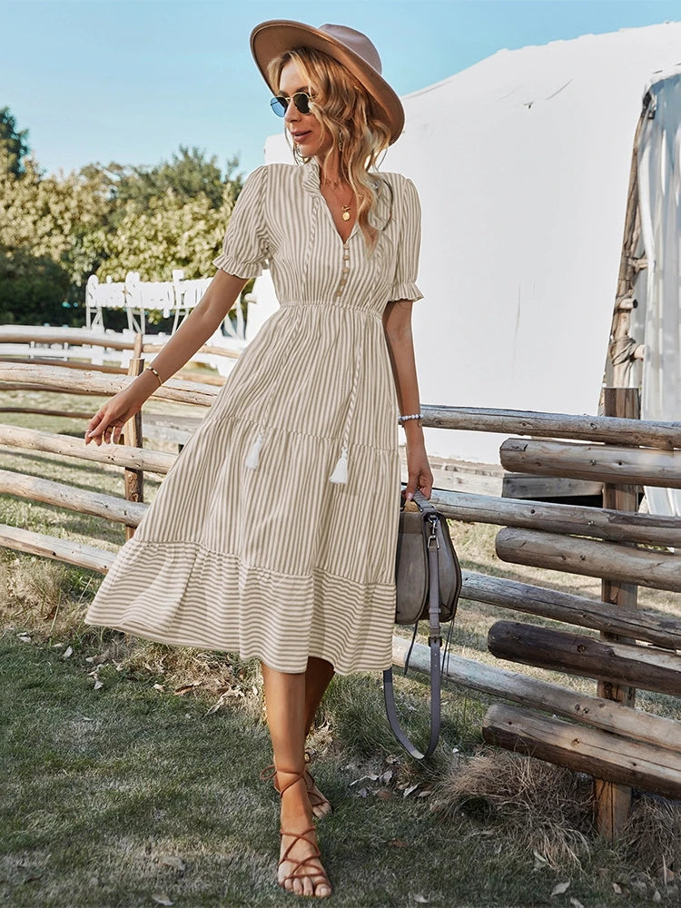 Buttoned Stripe Midi Dress