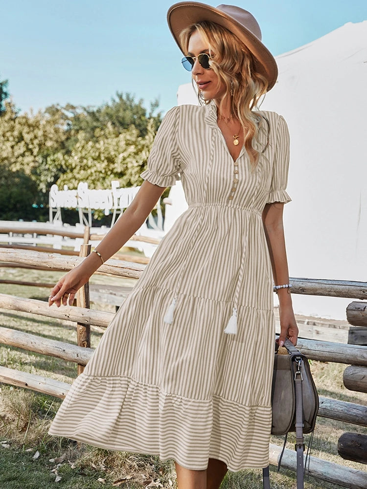 Buttoned Stripe Midi Dress