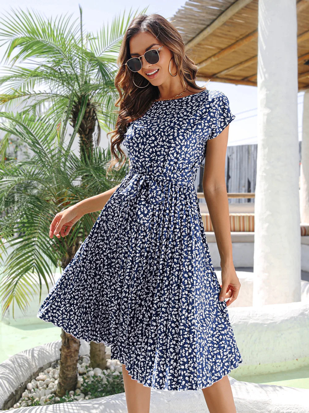 Floral Pleated A-Line Maxi Dress