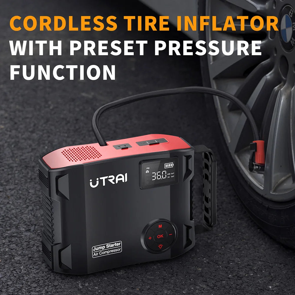 2000A 4-in-1 Portable Car Jump Starter with 150PSI Air Compressor, 16000mAh Battery Pack & Power Bank