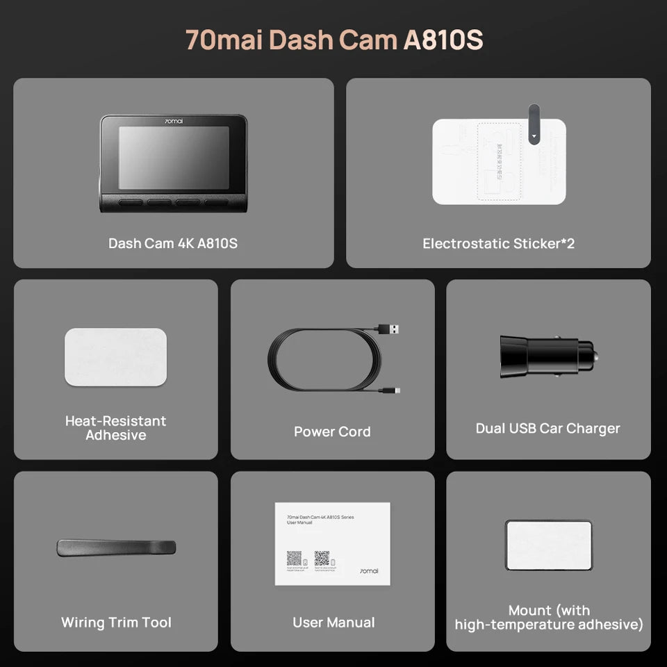 全新70mai 4K行车记录仪A810S HDR超级电容 4G LTE Wi-Fi 6 语音控制 GPS ADAS 70迈A810S是70迈A810的升级版