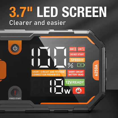 6250A 便携式 12V 汽车应急启动电源，带电瓶增压功能，适用于排量高达 10.0L 的汽油发动机和 6.5L 的柴油发动机