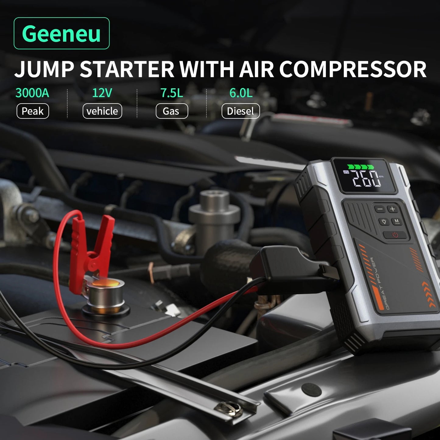 3000A Portable Car Jump Starter with 150PSI Air Compressor for 7.5L Gas & 6L Diesel Engines