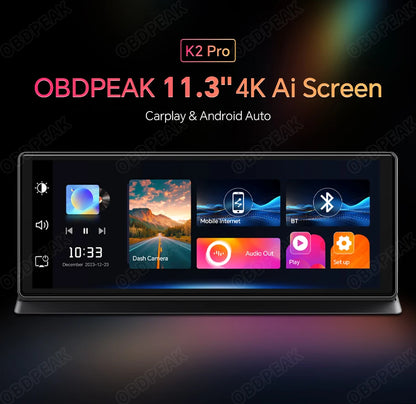 K2 Pro 11.3英寸车载流媒体行车记录仪 4K摄像头 无线Carplay 安卓自动AI屏 汽车智能行车记录仪 双镜头录像机 GPS导航仪表板