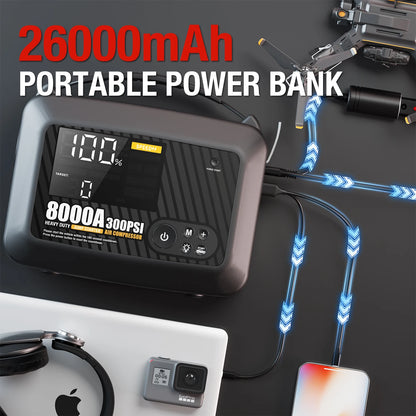 8000A Portable Car Jump Starter with Air Compressor – 12V Battery Booster for Gas & Diesel Engines