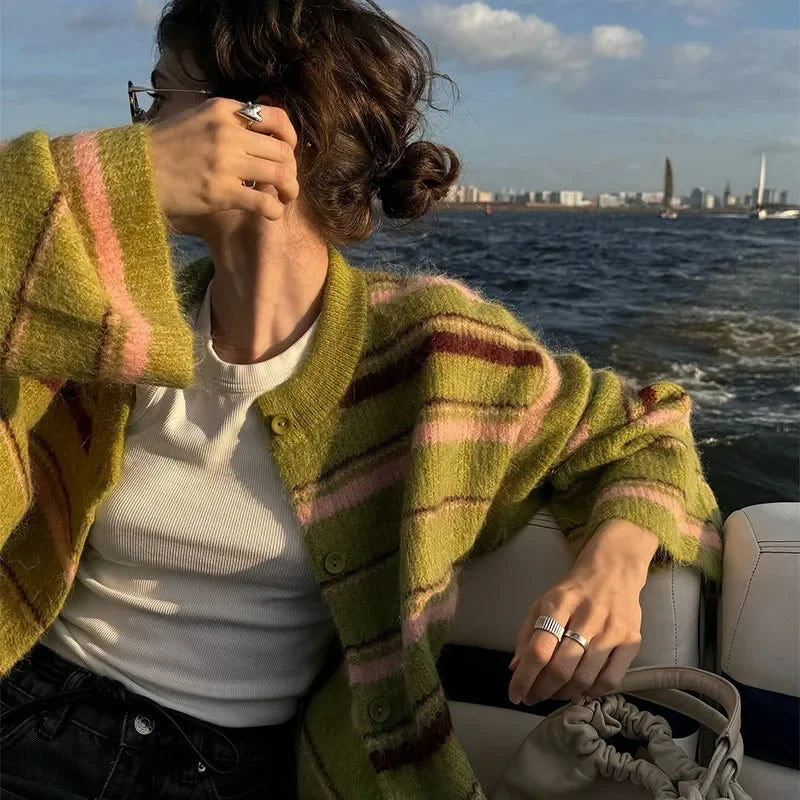 Elegant Striped V-Neck Cardigan