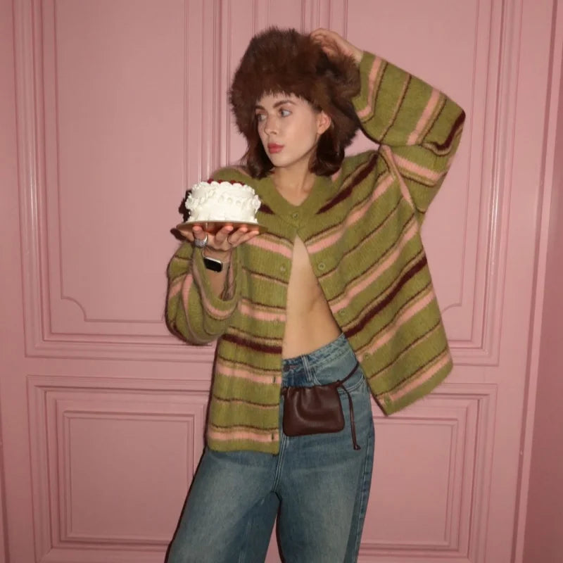 Elegant Striped V-Neck Cardigan