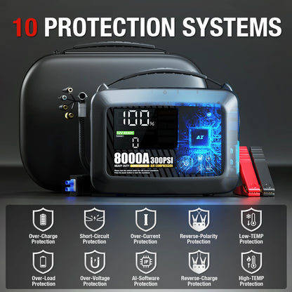 8000A Portable Car Jump Starter with Air Compressor – 12V Battery Booster for Gas & Diesel Engines