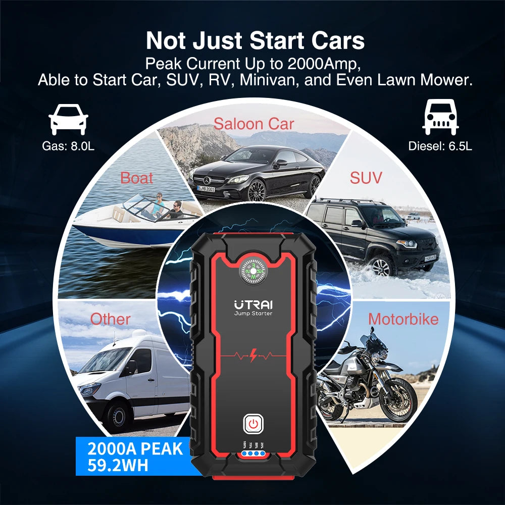 Arrancador de coche portátil de 12V 2000A con refuerzo de batería de emergencia y cargador de banco de energía