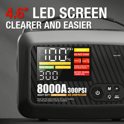 8000A Portable Car Jump Starter with Air Compressor – 12V Battery Booster for Gas & Diesel Engines