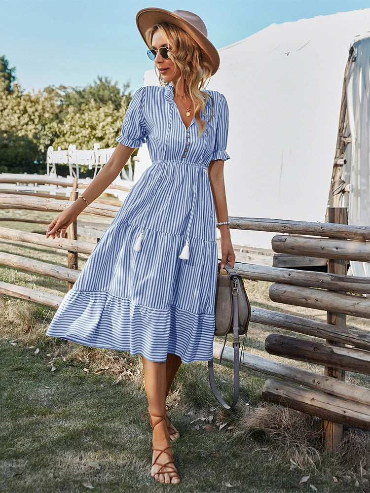 Buttoned Stripe Midi Dress