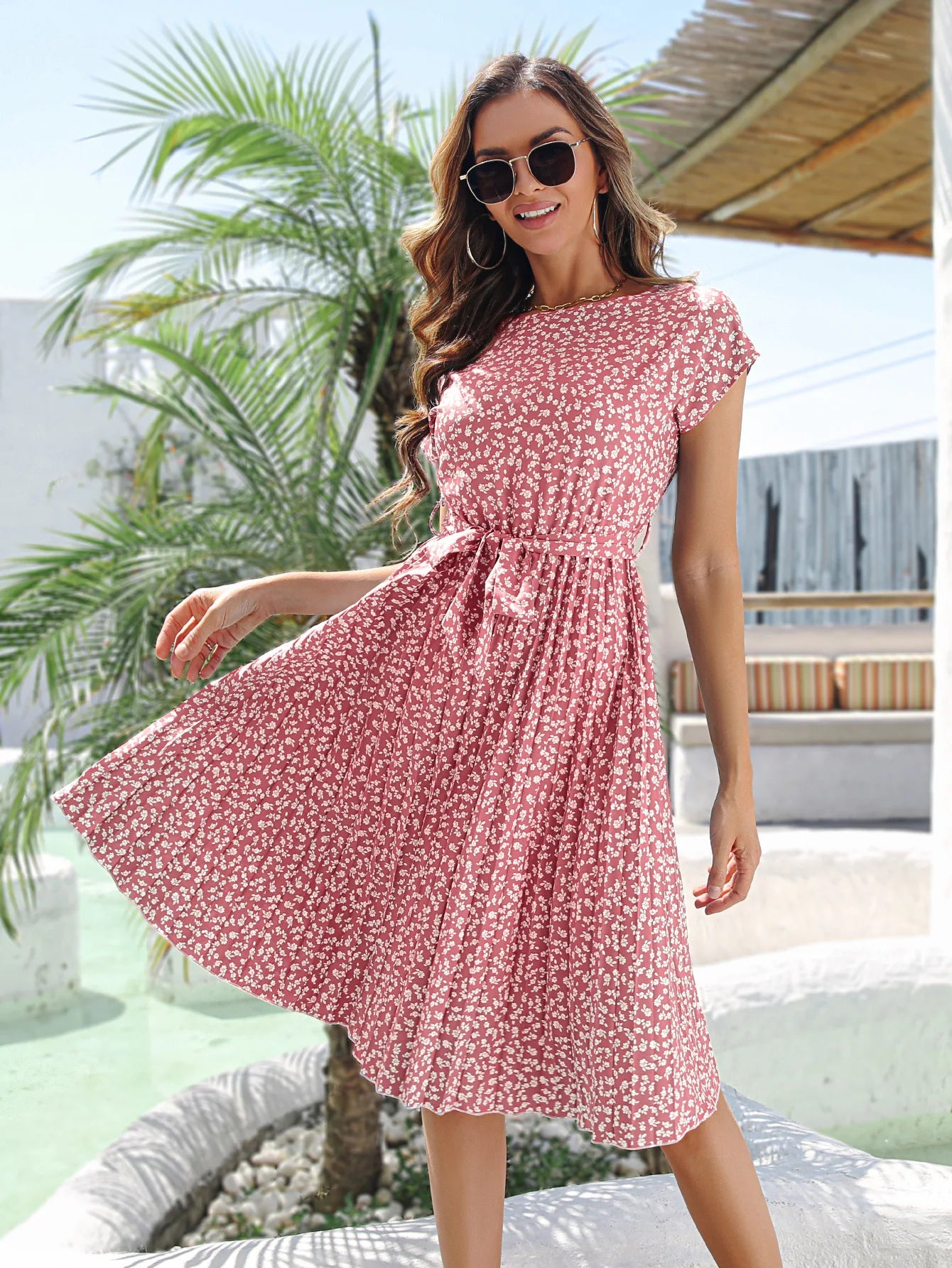 Floral Pleated A-Line Maxi Dress