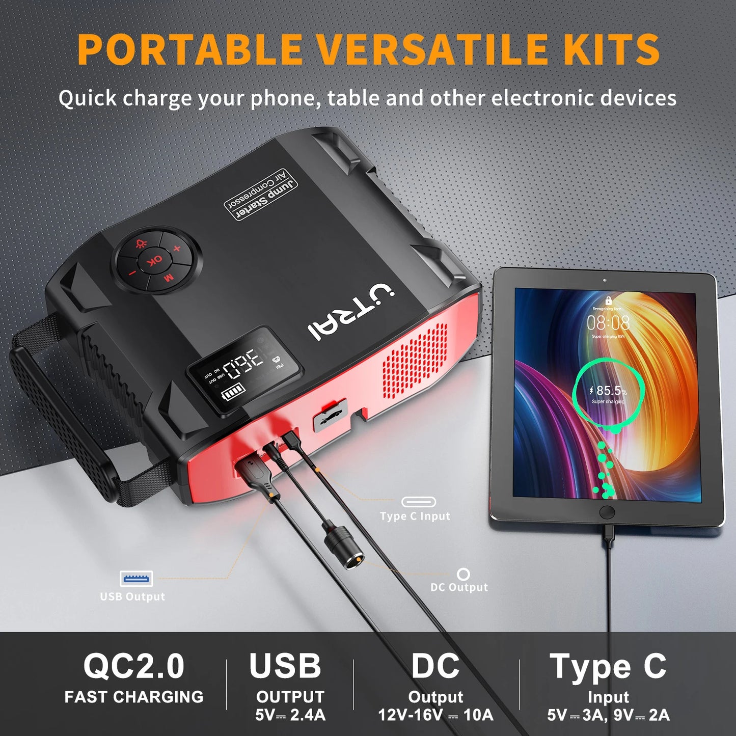 2000A 4-in-1 Portable Car Jump Starter with 150PSI Air Compressor, 16000mAh Battery Pack & Power Bank