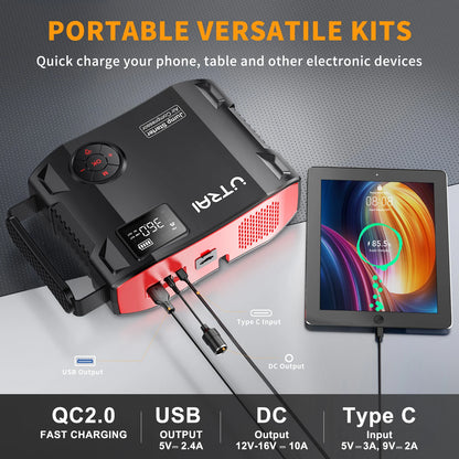 2000A 4-in-1 Portable Car Jump Starter with 150PSI Air Compressor, 16000mAh Battery Pack & Power Bank