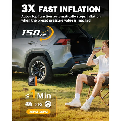 2-in-1 Cordless Digital Tire Inflator – 150 PSI Portable Air Compressor with 5200mAh Battery