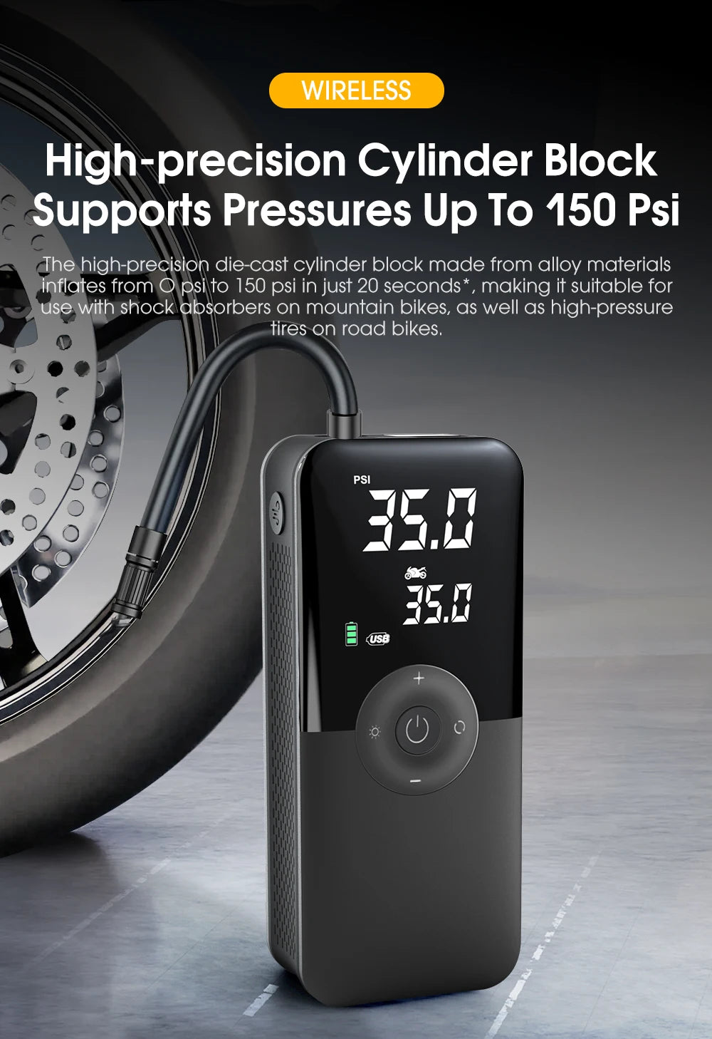 Rechargeable Portable 150 PSI Cordless Tire Inflator – Digital Air Compressor for Car & Bike