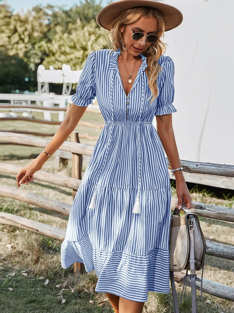 Buttoned Stripe Midi Dress