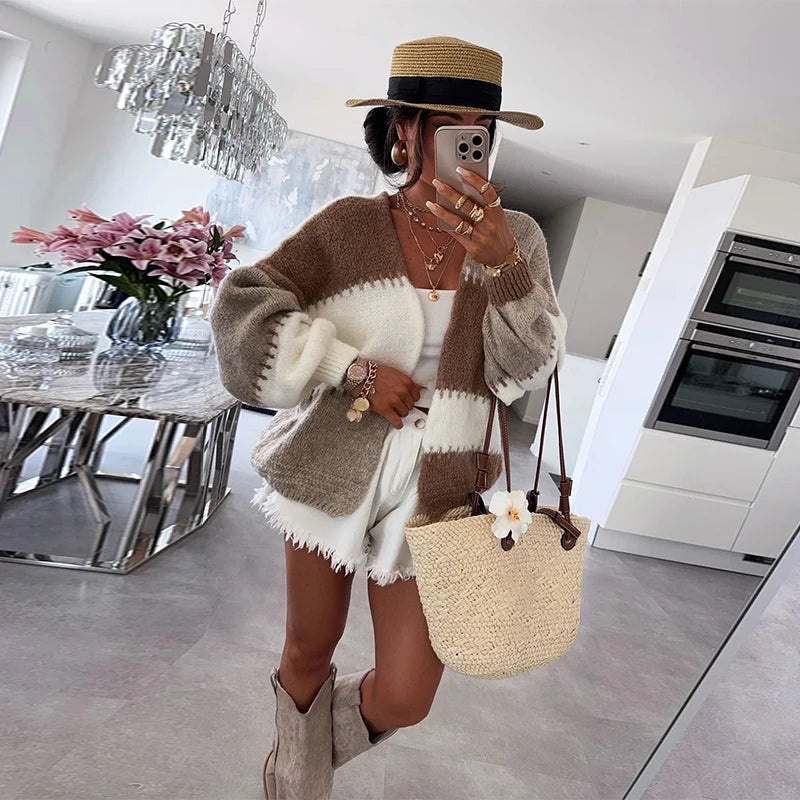 Elegant Striped V-Neck Cardigan