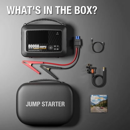 8000A Portable Car Jump Starter with Air Compressor – 12V Battery Booster for Gas & Diesel Engines