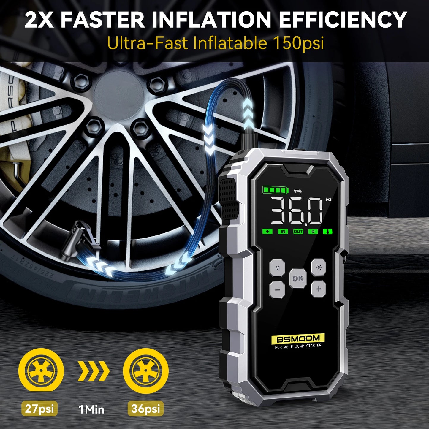7000A Portable Car Jump Starter with Air Compressor – 150PSI, 26800mAh Power Bank