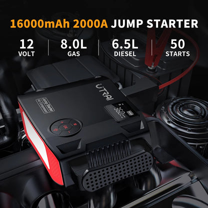 2000A 4-in-1 Portable Car Jump Starter with 150PSI Air Compressor, 16000mAh Battery Pack & Power Bank