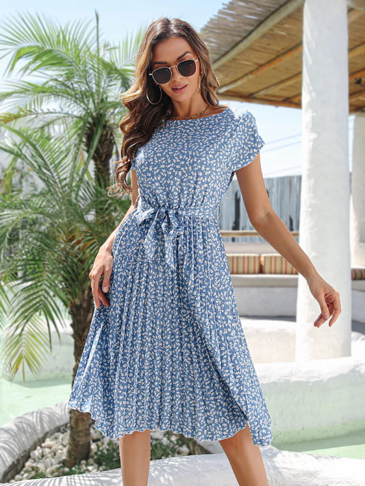 Floral Pleated A-Line Maxi Dress