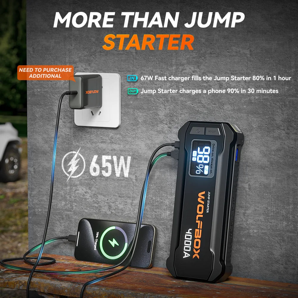 4000A 12V Portable Car Jump Starter with Battery Booster for Gas & Diesel Engines