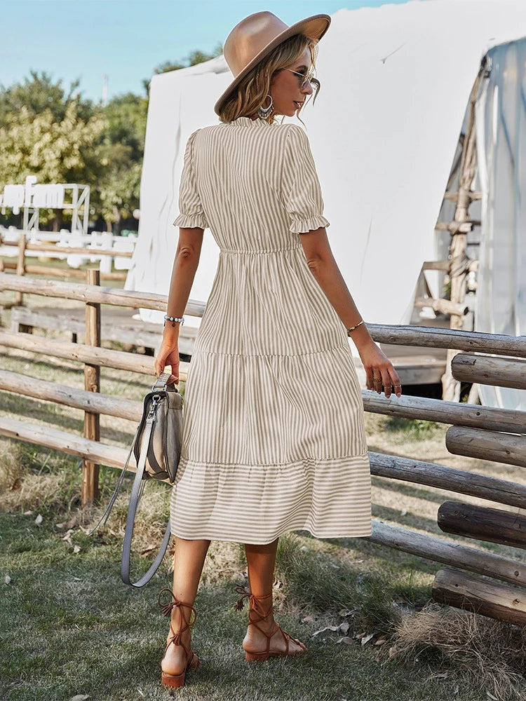 Buttoned Stripe Midi Dress
