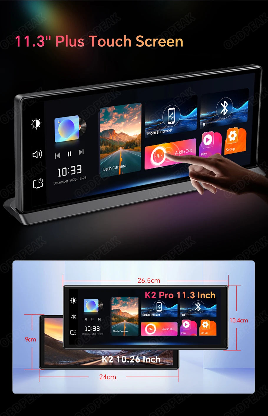 K2 Pro 11.3英寸车载流媒体行车记录仪 4K摄像头 无线Carplay 安卓自动AI屏 汽车智能行车记录仪 双镜头录像机 GPS导航仪表板