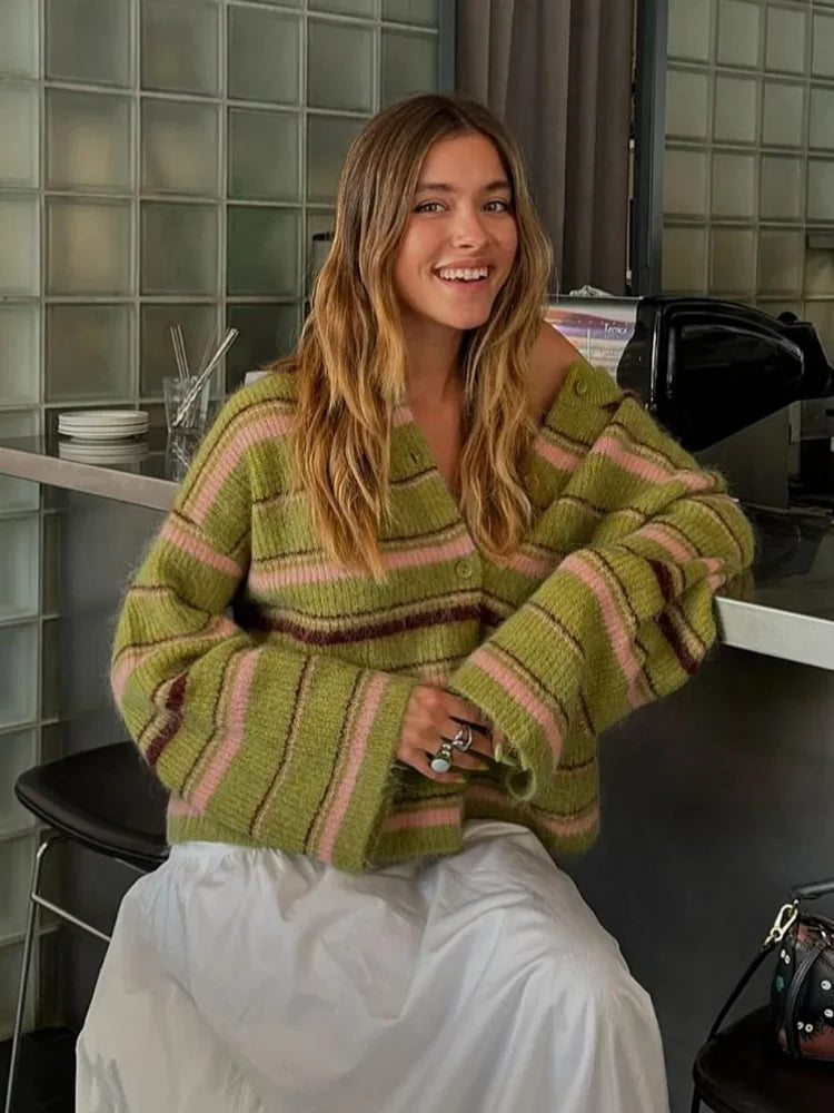 Elegant Striped V-Neck Cardigan