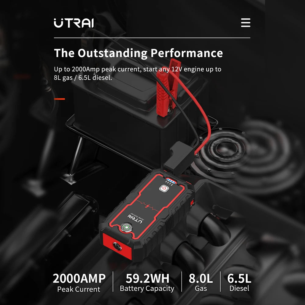 1000A–2000A Portable 12V Car Jump Starter with Battery Booster & Emergency Power Bank