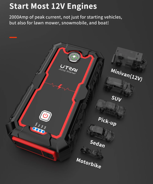 1000A–2000A Portable 12V Car Jump Starter with Battery Booster & Emergency Power Bank