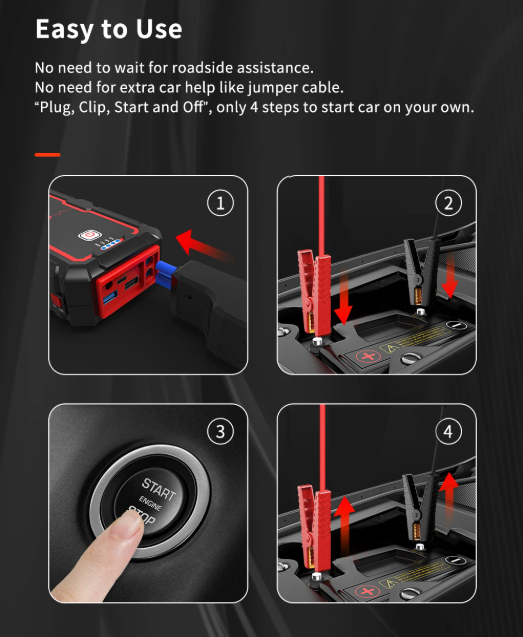 1000A–2000A Portable 12V Car Jump Starter with Battery Booster & Emergency Power Bank