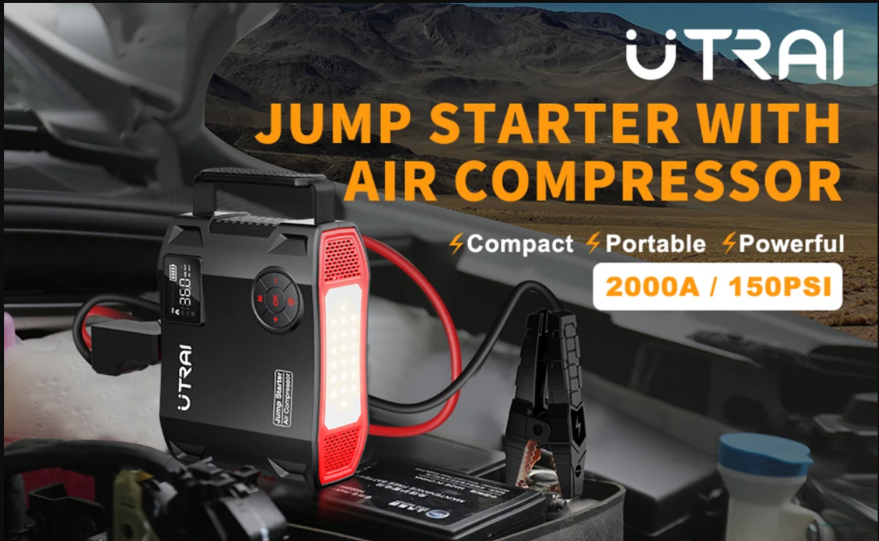 2000A 4-in-1 Portable Car Jump Starter with 150PSI Air Compressor, 16000mAh Battery Pack & Power Bank
