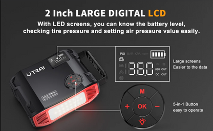 2000A 4-in-1 Portable Car Jump Starter with 150PSI Air Compressor, 16000mAh Battery Pack & Power Bank
