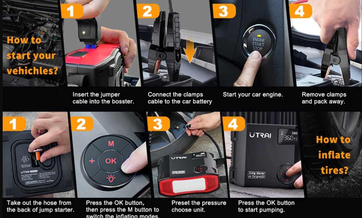 2000A 4-in-1 Portable Car Jump Starter with 150PSI Air Compressor, 16000mAh Battery Pack & Power Bank