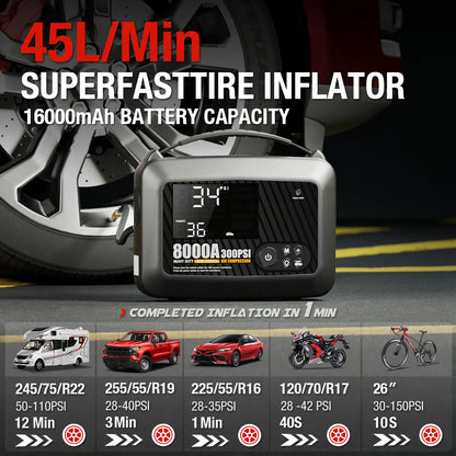 8000A Portable Car Jump Starter with Air Compressor – 12V Battery Booster for Gas & Diesel Engines