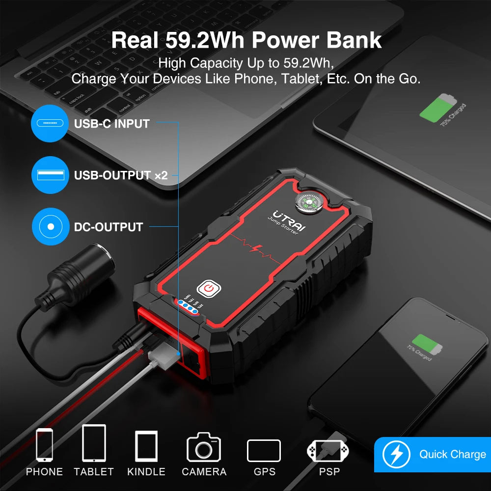Arrancador de coche portátil de 12V 2000A con refuerzo de batería de emergencia y cargador de banco de energía