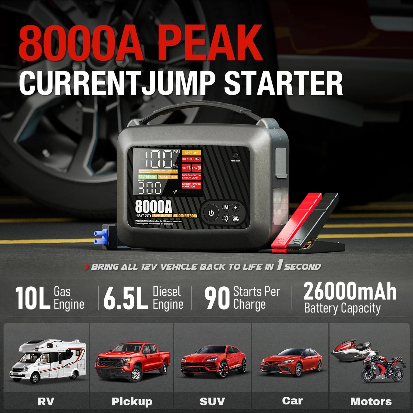 8000A Portable Car Jump Starter with Air Compressor – 12V Battery Booster for Gas & Diesel Engines